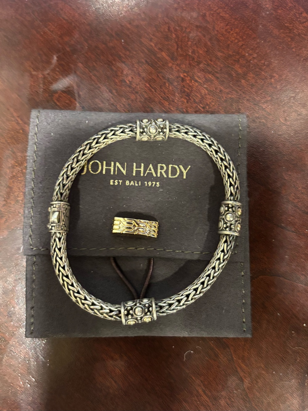 John Hardy Silver and Gold Braided Station Bracelet with Decorative Beads